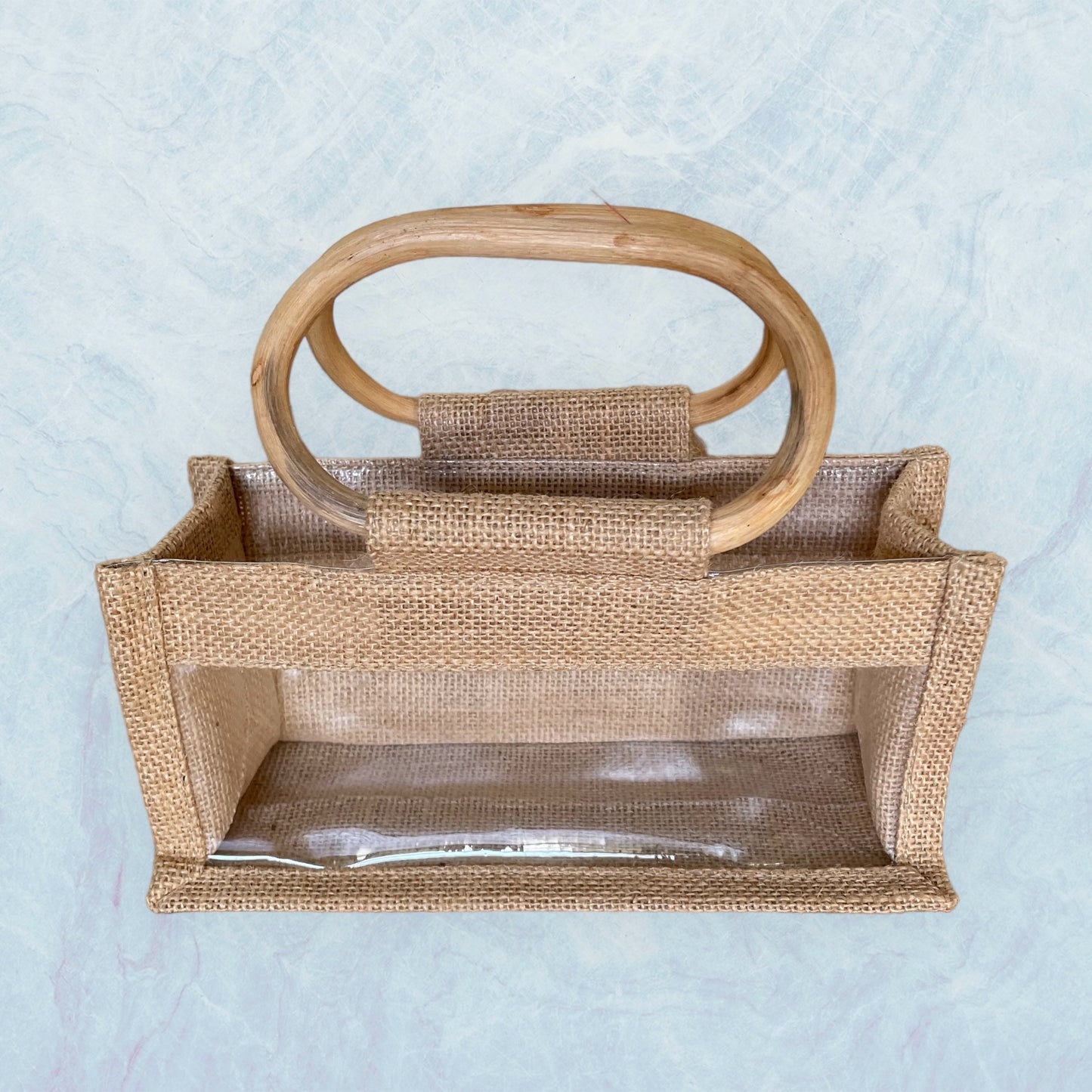 Sac de toile en jute avec des anses en bambou avec fenêtre pour 3 pots